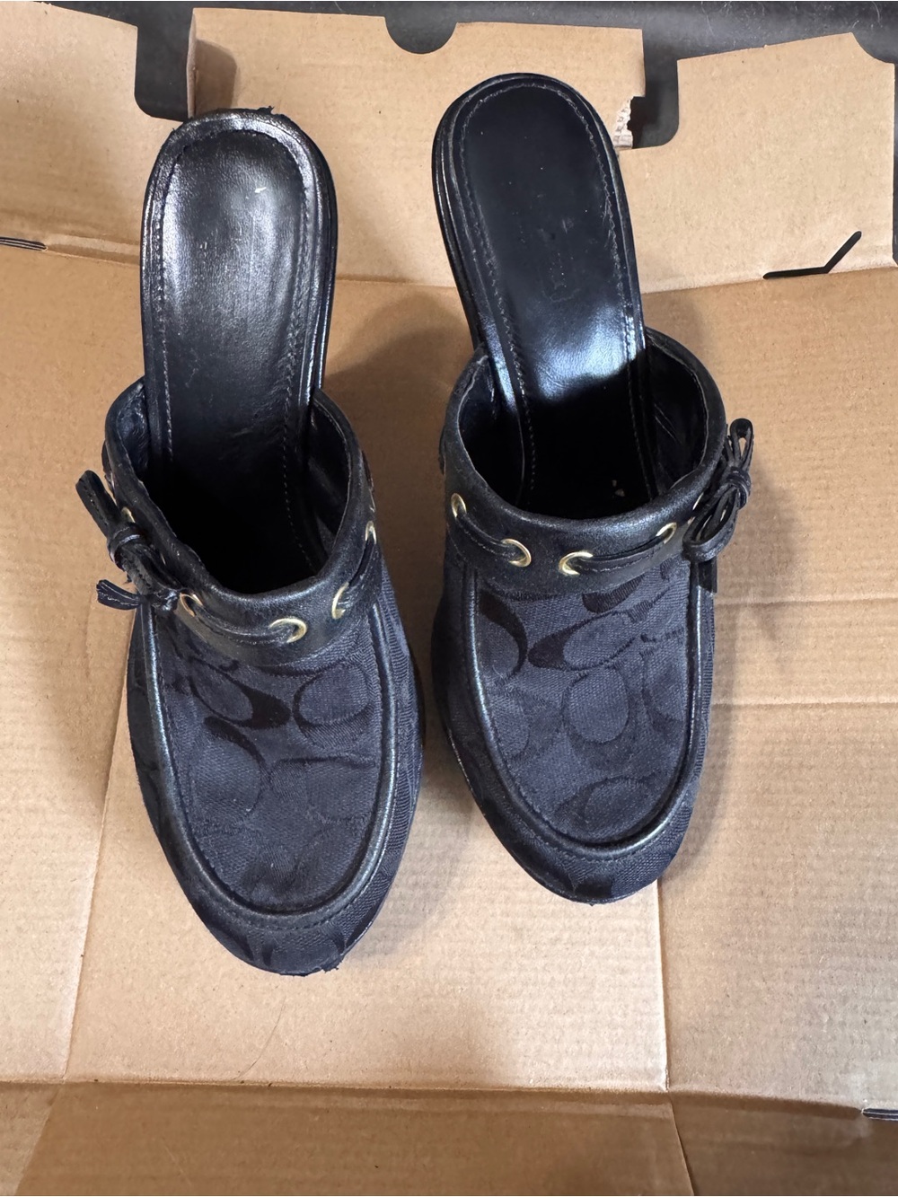 Coach Black Logo-Pattern Slip-On Mules with Bow & Grommet Trim (THESE ARE FUN!!)